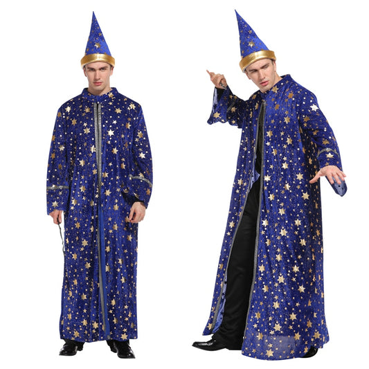 Halloween Men Blue Robe And Hat Star Moon Magic Magician Wizard Costume Cosplay Adult Role Playing Decoration Clothing