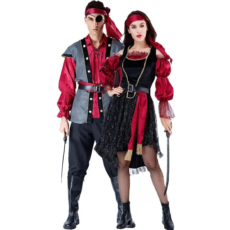 Halloween Party Medoeval Pirate King Captain Cosplay  Couples Costume Huntress Clubwear Women Men Play Suit