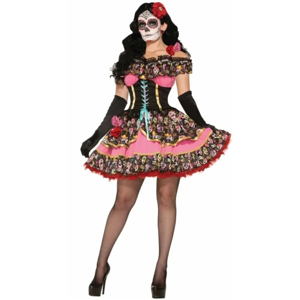 Halloween Party Mexican Day of The Dead Flower Fairy Ghosts Bride Dress Adult Women Scary Skull Vampire Zombie Cosplay Costume