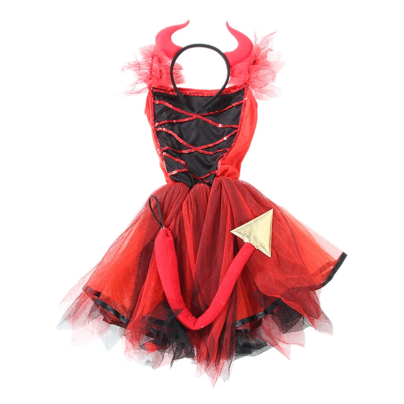 Halloween Red Devil Cosplay Costumes for Kids Girls Demon Costume Fancy Carnival Dress Suit (Without Pants)