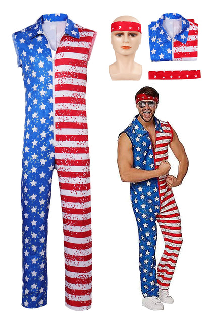 Star Stripes American Flag Jumpsuit with Headband Men's Halloween Cosplay Costume Party Outfit