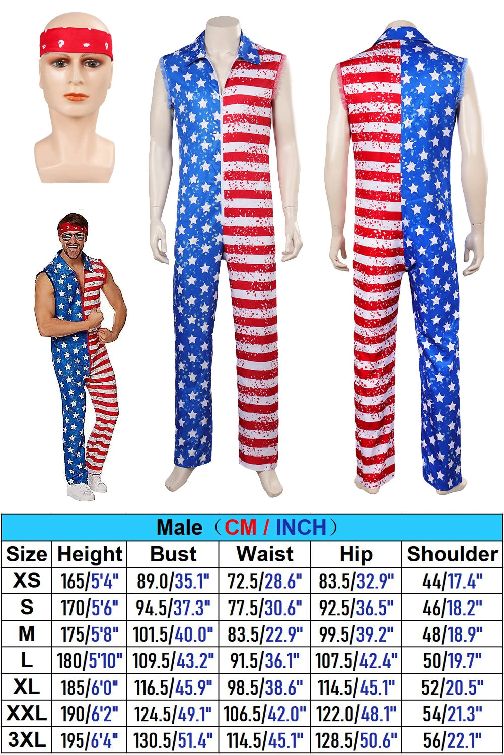 Star Stripes American Flag Jumpsuit with Headband Men's Halloween Cosplay Costume Party Outfit