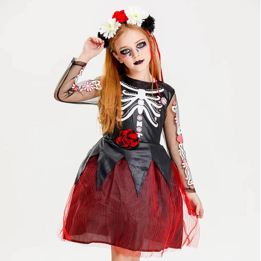 Halloween Scary Women's Cosplay Dresses Skull Witch Day of the Dead Vintage Sleeveless Party Dresses