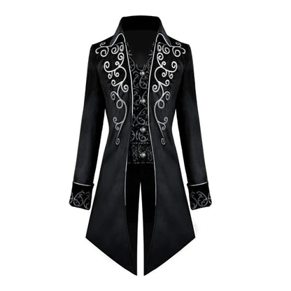 Halloween Silver Trim Tuxedo Medieval Retro Cosplay Costume Mid-Length Punk Men's Coat Jackets