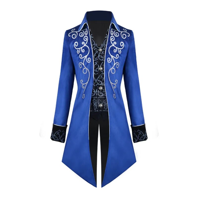 Halloween Silver Trim Tuxedo Medieval Retro Cosplay Costume Mid-Length Punk Men's Coat Jackets