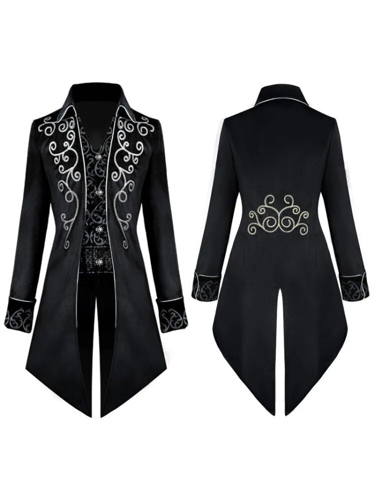 Halloween Silver Trim Tuxedo Medieval Retro Cosplay Costume Mid-Length Punk Men's Coat Jackets