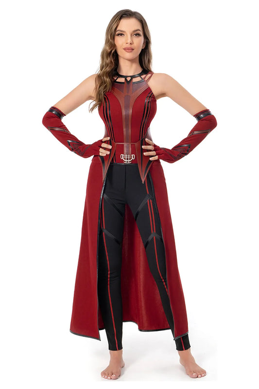 Halloween Witch Cosplay Costumes Suit Women Sleeveless Dress With Pants Belt Gloves Scarlet Color Elastic PU Leather Outfit Set