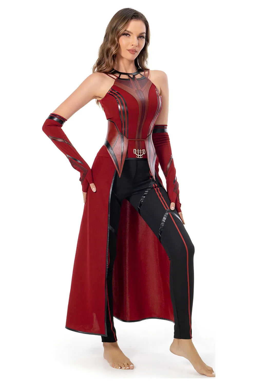 Halloween Witch Cosplay Costumes Suit Women Sleeveless Dress With Pants Belt Gloves Scarlet Color Elastic PU Leather Outfit Set