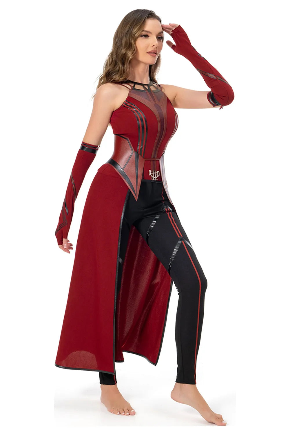 Halloween Witch Cosplay Costumes Suit Women Sleeveless Dress With Pants Belt Gloves Scarlet Color Elastic PU Leather Outfit Set
