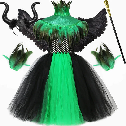 Halloween Witch Costume for Kids Girls Evil Queen Malefice Cosplay Tutu Dress Clothes Feather Cape Children Carnival Fancy Dress