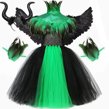 Halloween Witch Costume for Kids Girls Evil Queen Malefice Cosplay Tutu Dress Clothes Feather Cape Children Carnival Fancy Dress