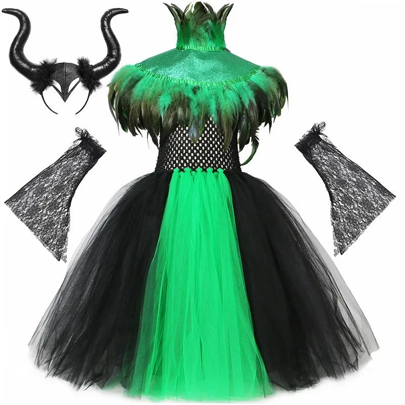 Halloween Witch Costume for Kids Girls Evil Queen Malefice Cosplay Tutu Dress Clothes Feather Cape Children Carnival Fancy Dress