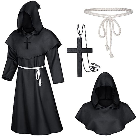 Halloween Wizard Costume Cosplay Medieval Hooded Robe Costume Monk Friar Robes Priest Costume Ancient Clothing Christian Suit