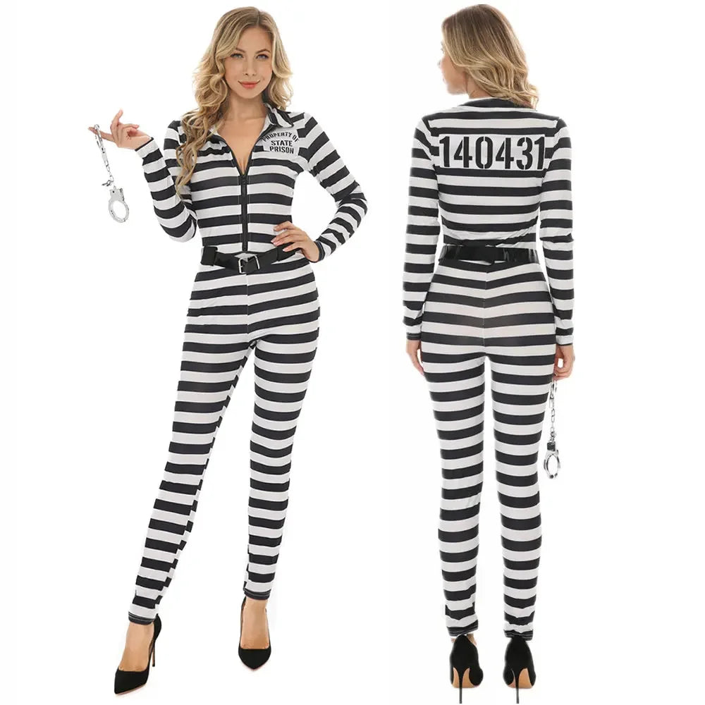 Halloween Women Prisoner Costume Escaped Prisoners Jumpsuit  Black&White Prison Stripe Set Female Jail Criminal Cosplay Dress Up