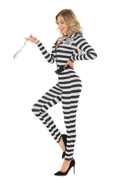 Halloween Women Prisoner Costume Escaped Prisoners Jumpsuit  Black&White Prison Stripe Set Female Jail Criminal Cosplay Dress Up