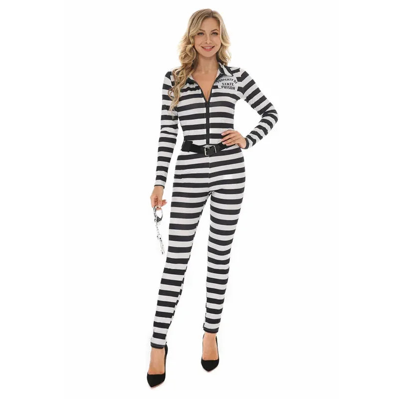 Halloween Women Prisoner Costume Escaped Prisoners Jumpsuit  Black&White Prison Stripe Set Female Jail Criminal Cosplay Dress Up