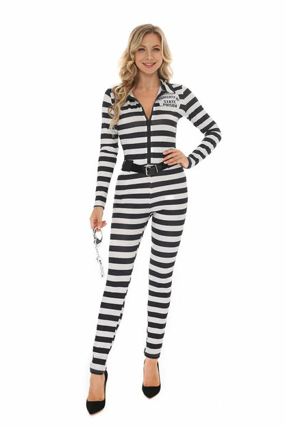 Halloween Women Prisoner Costume Escaped Prisoners Jumpsuit  Black&White Prison Stripe Set Female Jail Criminal Cosplay Dress Up