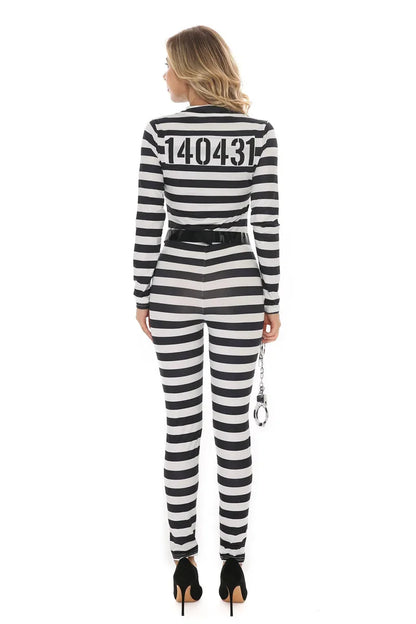 Halloween Women Prisoner Costume Escaped Prisoners Jumpsuit  Black&White Prison Stripe Set Female Jail Criminal Cosplay Dress Up