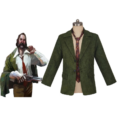 Harrier Du Bois Cosplay Disco Elysium Coat For Men Retro Green Suede Jacket with Tie Halloween Carnival Party Streetwear