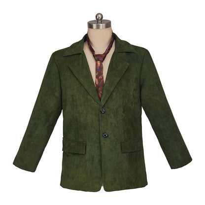 Harrier Du Bois Cosplay Disco Elysium Coat For Men Retro Green Suede Jacket with Tie Halloween Carnival Party Streetwear