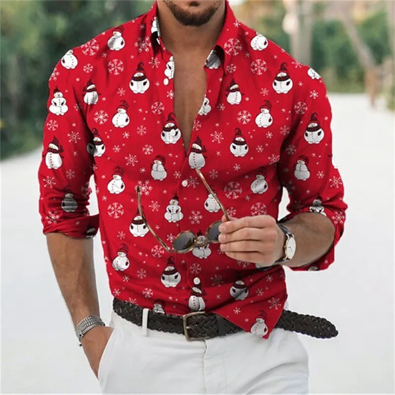 Hawaiian Christmas Snowman Themed Men's dress Shirt 3D Printed Casual Long Sleeve Street Wear Clothing for Men Osasuna