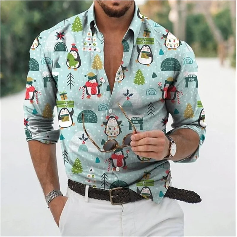 Hawaiian Christmas Snowman Themed Men's dress Shirt 3D Printed Casual Long Sleeve Street Wear Clothing for Men Osasuna