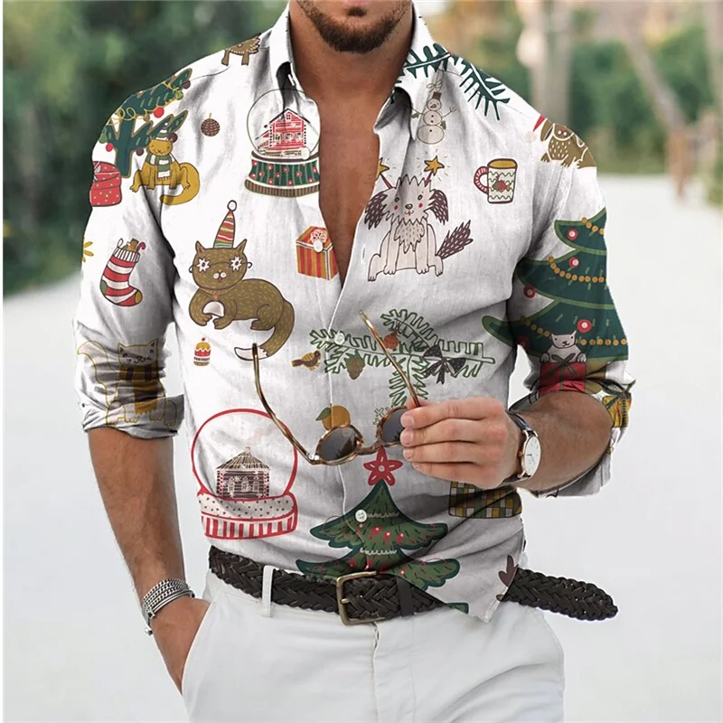 Hawaiian Christmas Snowman Themed Men's dress Shirt 3D Printed Casual Long Sleeve Street Wear Clothing for Men Osasuna