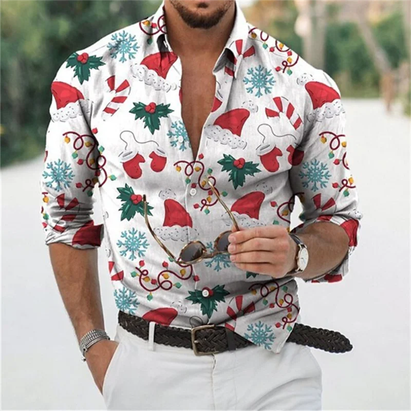 Hawaiian Christmas Snowman Themed Men's dress Shirt 3D Printed Casual Long Sleeve Street Wear Clothing for Men Osasuna