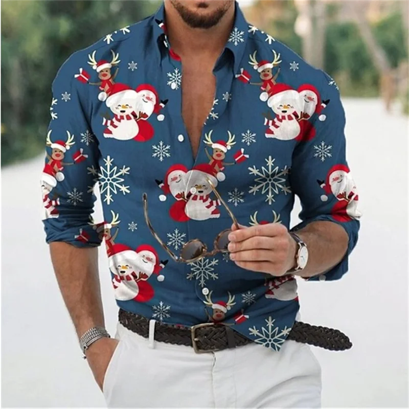 Hawaiian Christmas Snowman Themed Men's dress Shirt 3D Printed Casual Long Sleeve Street Wear Clothing for Men Osasuna