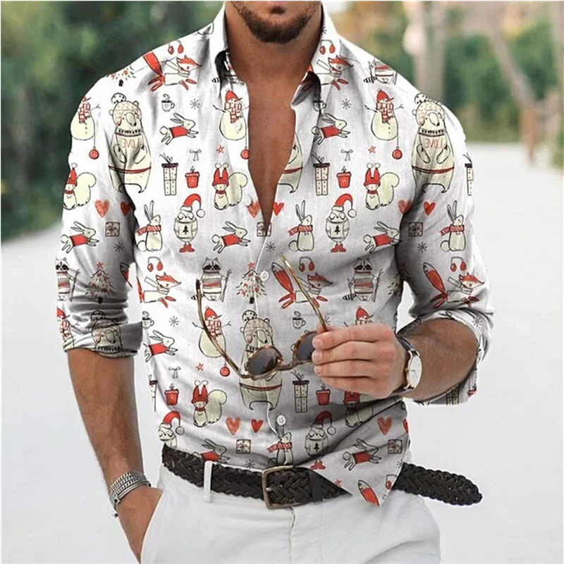 Hawaiian Christmas Snowman Themed Men's dress Shirt 3D Printed Casual Long Sleeve Street Wear Clothing for Men Osasuna