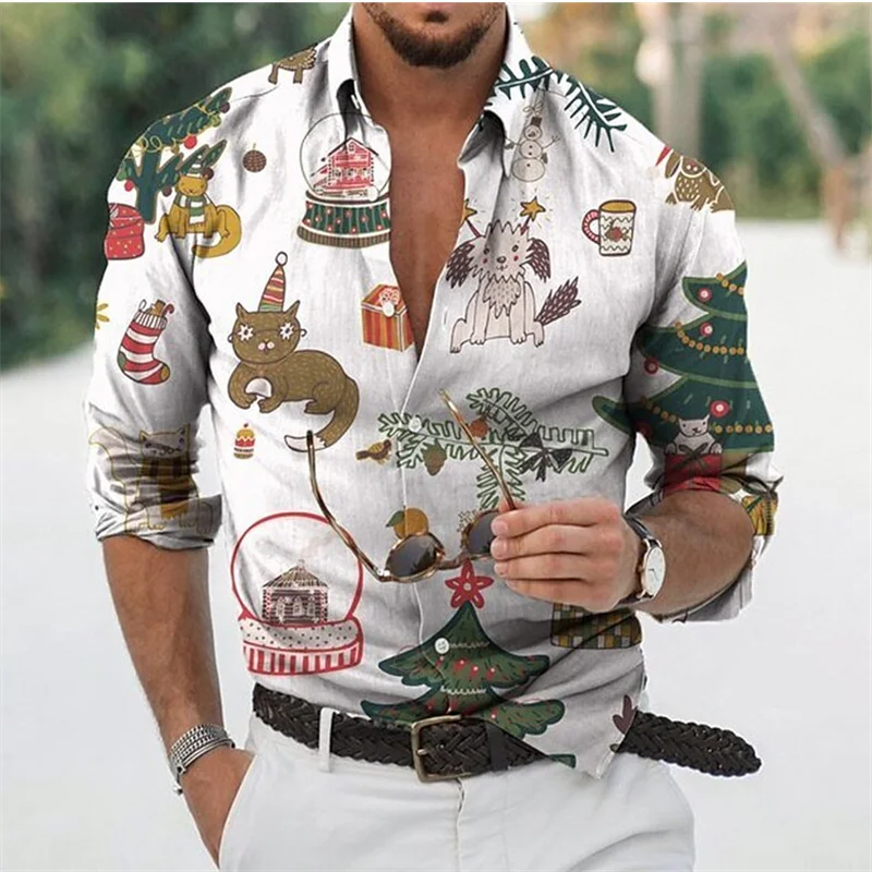 Hawaiian Christmas Snowman Themed Men's dress Shirt 3D Printed Casual Long Sleeve Street Wear Clothing for Men Osasuna