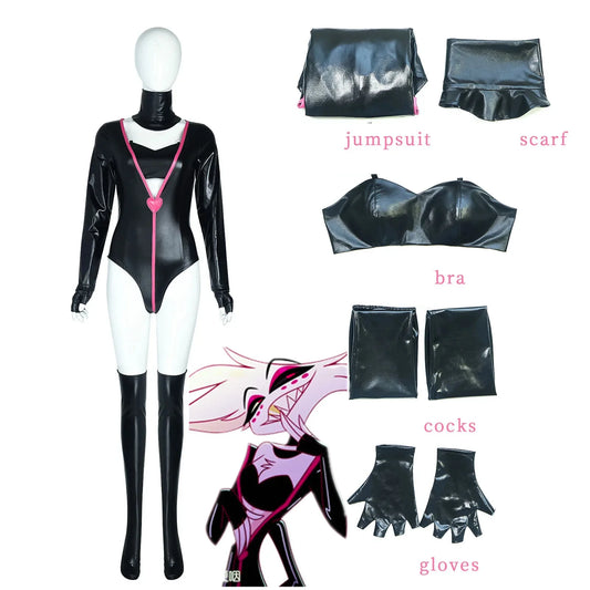 Anime Hotel Dust Angel Cosplay Costumes Women Sexy Leather Bodysuit Bra Scarf Socks Suit Halloween Carnival Party Clothes