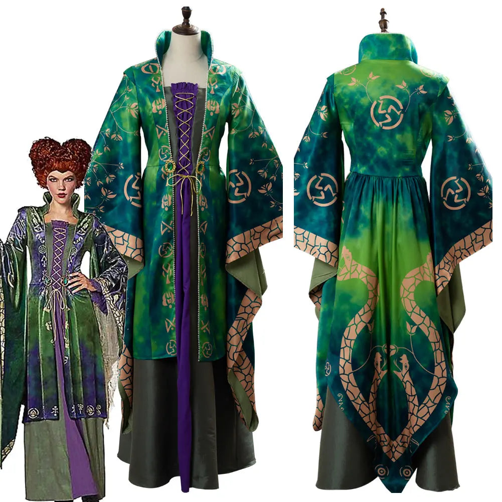 Hocus Cosplay Pocus Halloween Costume Winifred Sanderson Dress Cloak Suit 17th Century Witch Women Stand Collar Tunic Dress