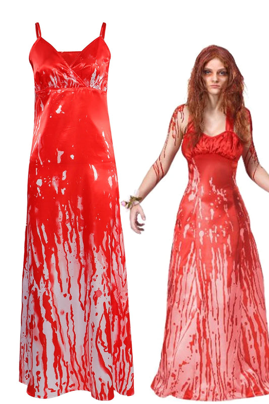 Horror Movie Carrie Fantasia White Cosplay Sexy Blood Printed Dress Costume Women Adult Fantasy Halloween Carnival Party Cloth