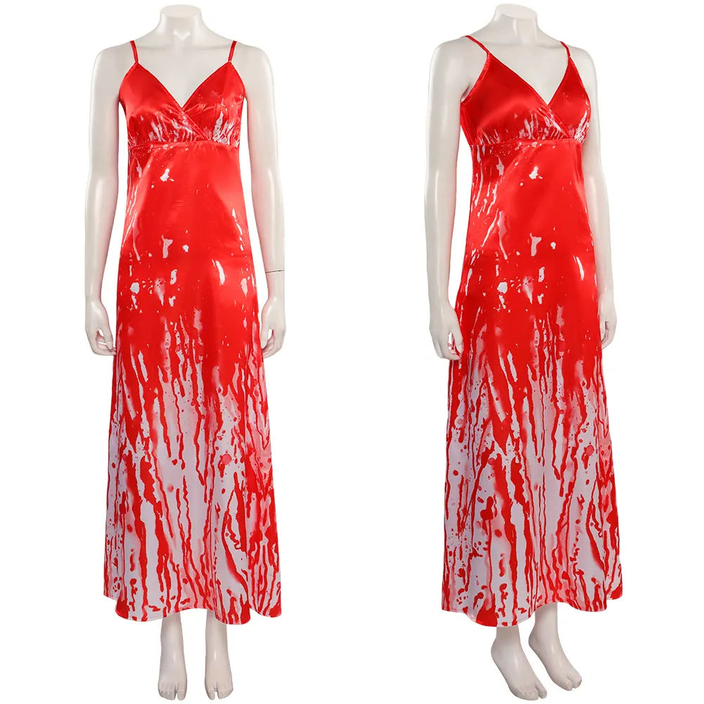 Horror Movie Carrie Fantasia White Cosplay Sexy Blood Printed Dress Costume Women Adult Fantasy Halloween Carnival Party Cloth