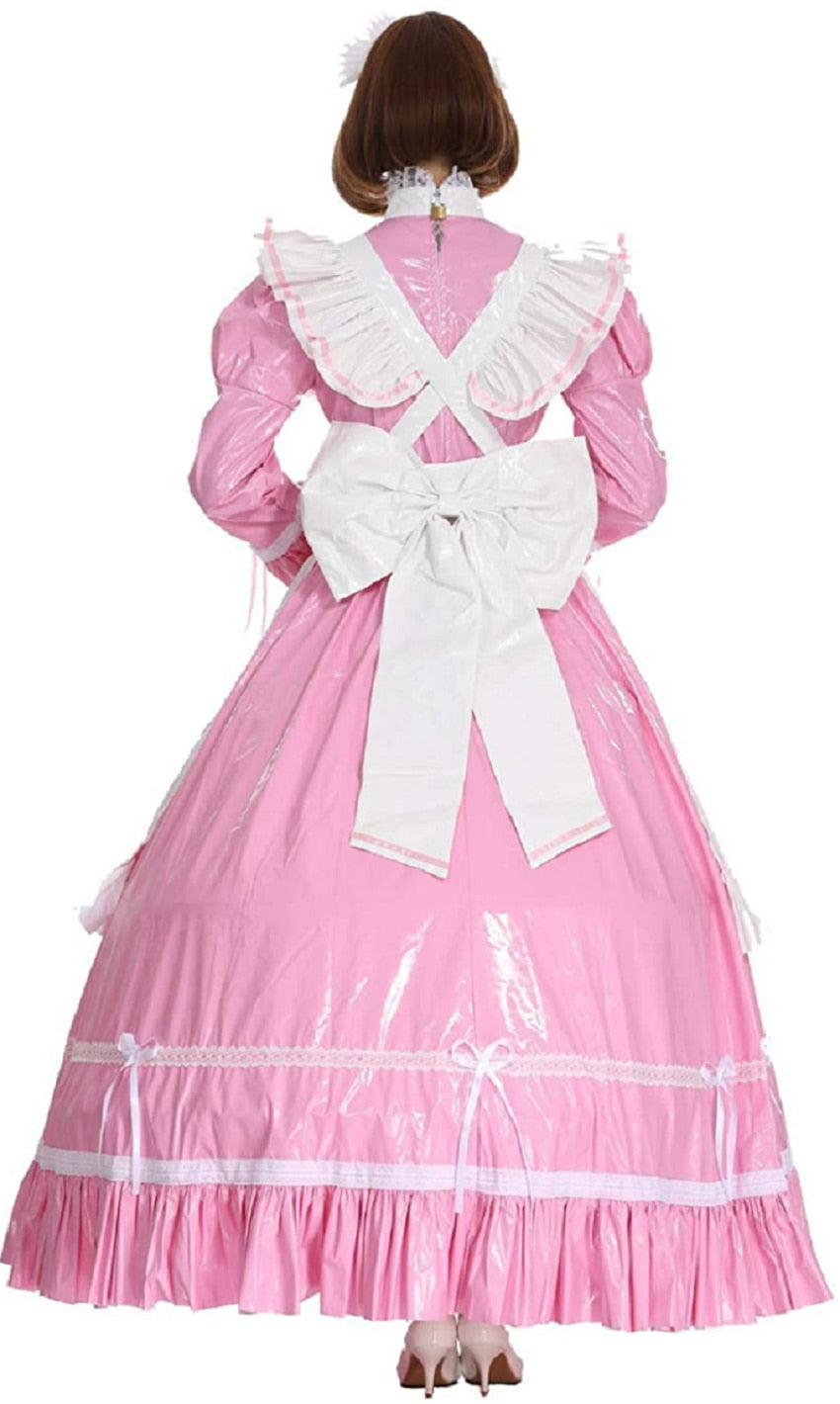 Cute Dress PVC Lockable Sissy Girl Maid Pink Long Apron Big Bow Tie Bandage Cosplay Customizable Halloween Costume