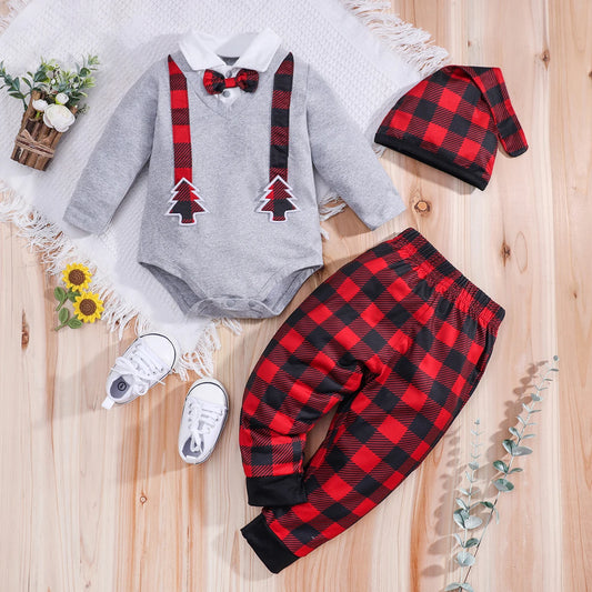 Newborn Baby Boy Girl Clothes Set 3pcs Christmas Tree Long Sleeve Bodysuit Romper and Pants Hat Fall Winter Outfits 0-18M