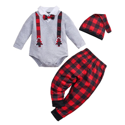 Newborn Baby Boy Girl Clothes Set 3pcs Christmas Tree Long Sleeve Bodysuit Romper and Pants Hat Fall Winter Outfits 0-18M