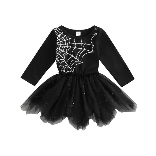 Infant Baby Girls Mesh Romper Dress Sweet Casual Halloween Spider Web Printed Long Sleeves Newborn Jumpsuits