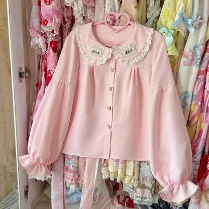 Japanese Cute Lolita Style Blouses Women Kawaii  Bear Ear Embroidery Peter Pan Collar Shirts Tops Sweet Puff Sleeve Blusas Mujer