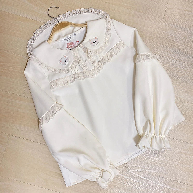 Japanese Cute Lolita Style Blouses Women Kawaii  Bear Ear Embroidery Peter Pan Collar Shirts Tops Sweet Puff Sleeve Blusas Mujer