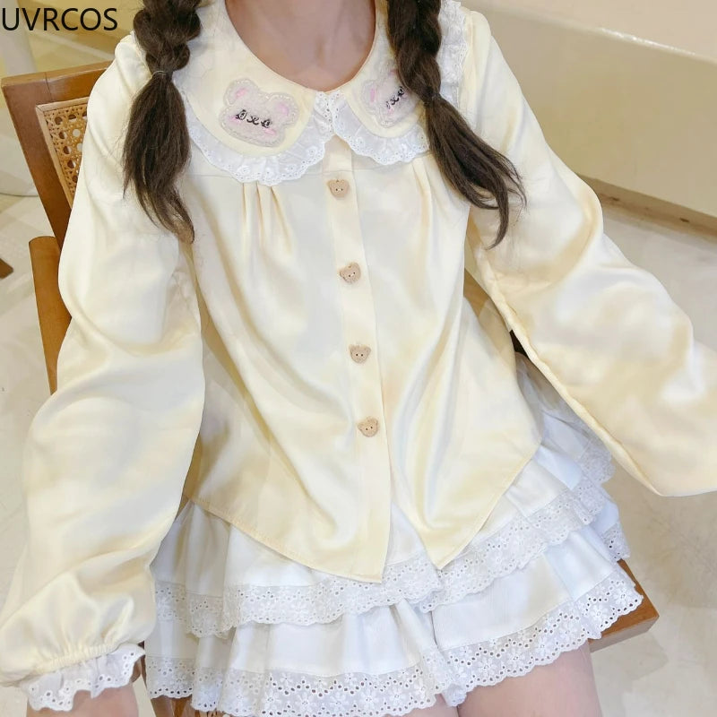 Japanese Cute Lolita Style Blouses Women Kawaii  Bear Ear Embroidery Peter Pan Collar Shirts Tops Sweet Puff Sleeve Blusas Mujer