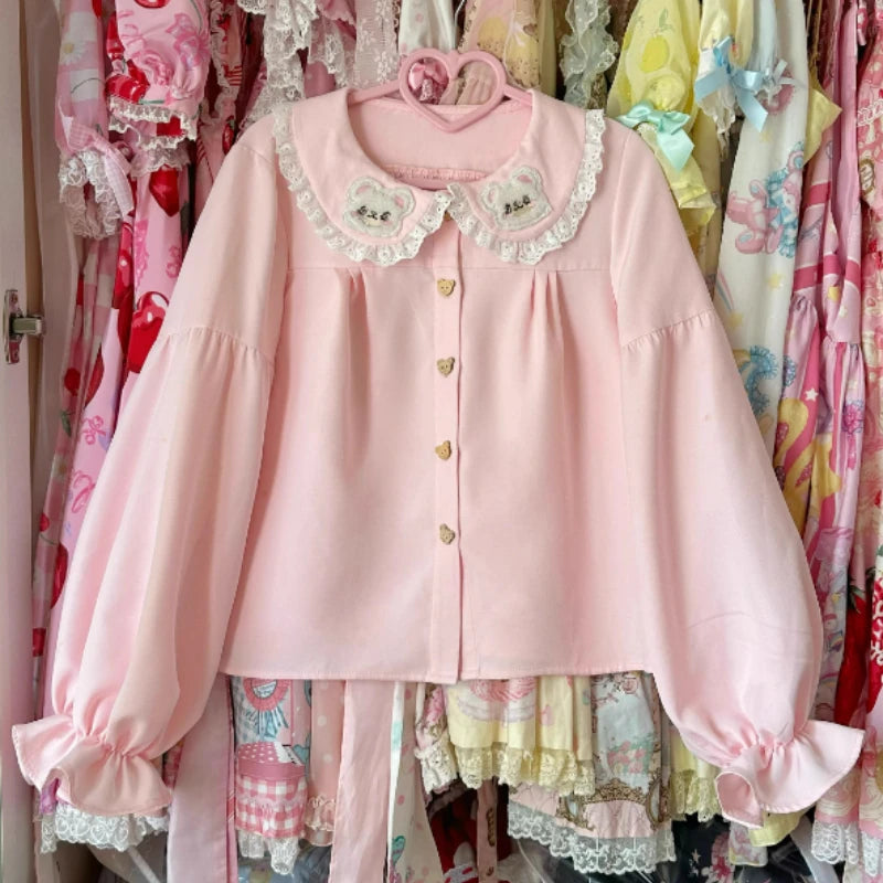 Japanese Cute Lolita Style Blouses Women Kawaii  Bear Ear Embroidery Peter Pan Collar Shirts Tops Sweet Puff Sleeve Blusas Mujer