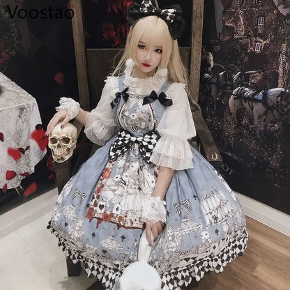 Japanese Gothic Lolita Dress Girls Vintage Dark Funeral Lolita Jsk Dress Women Harajuku Cool Sleeveless Punk Suspender Dresses