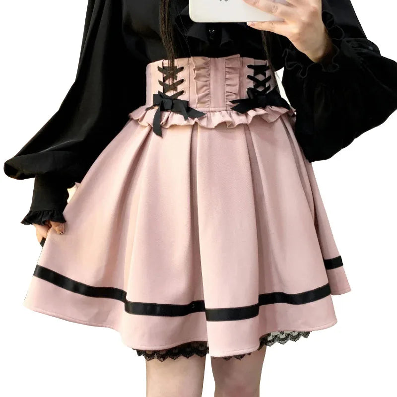 Japanese Kawaii Lolita Mini Skirt Women High Waist Pink Blue Bandage Fairy Y2k Aesthetic Skirt Casual Cute Ruffle Skirt New