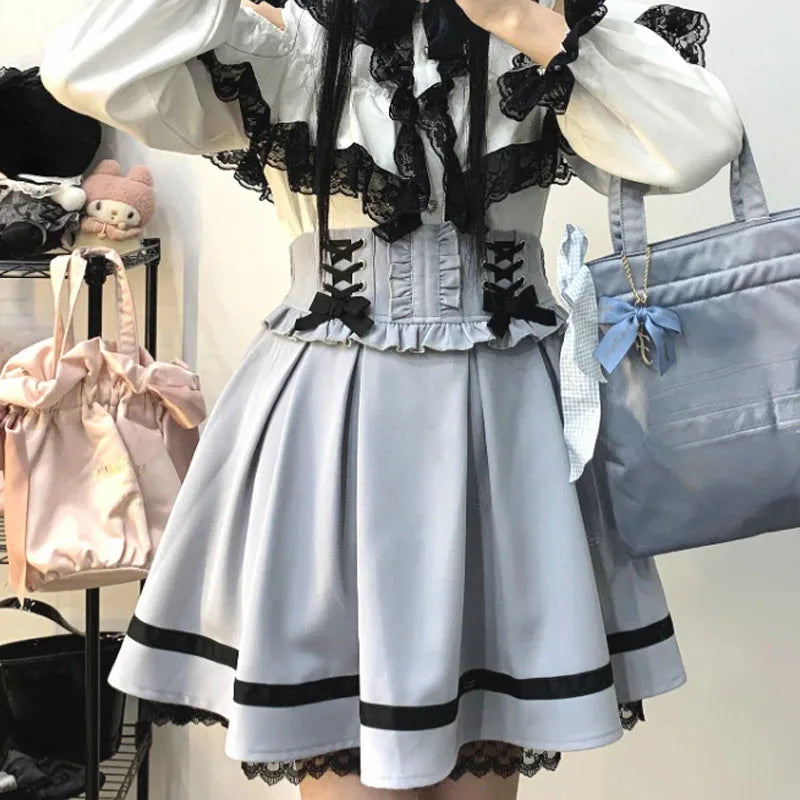 Japanese Kawaii Lolita Mini Skirt Women High Waist Pink Blue Bandage Fairy Y2k Aesthetic Skirt Casual Cute Ruffle Skirt New