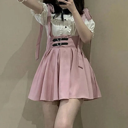 Japanese Kawaii Lolita Mini Skirt Women High Waist Pink Blue Bandage Fairy Y2k Aesthetic Skirt Casual Cute Ruffle Skirt New