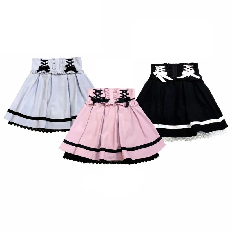 Japanese Kawaii Lolita Mini Skirt Women High Waist Pink Blue Bandage Fairy Y2k Aesthetic Skirt Casual Cute Ruffle Skirt New