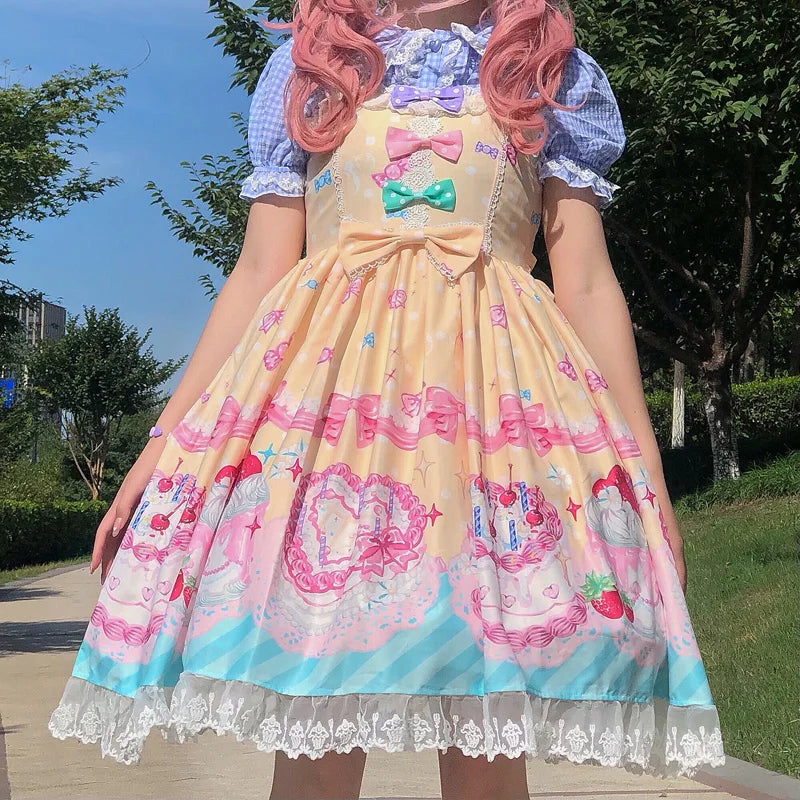 Japanese Lolita Style Gothic Girly Women Dress Summer Sweet Kawaii Cute Vintage Ruffle Bow Jsk Strap Ladier Princess Dress