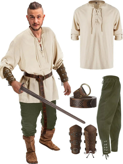 Jiuguva 4 Pcs Halloween Men's Renaissance Costume Set Medieval Pirate Shirt Ankle Banded Pants Viking Belt Accessories